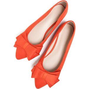 Women's Orange Bowknot Ballet Flats Pointy Toe Casual Flat Shoes Suede